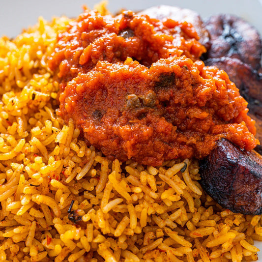 Set Meal 13 - Jollof Rice, Meatless Ghana Style Stew, Corn on the Cob & Sweet Potato Bites